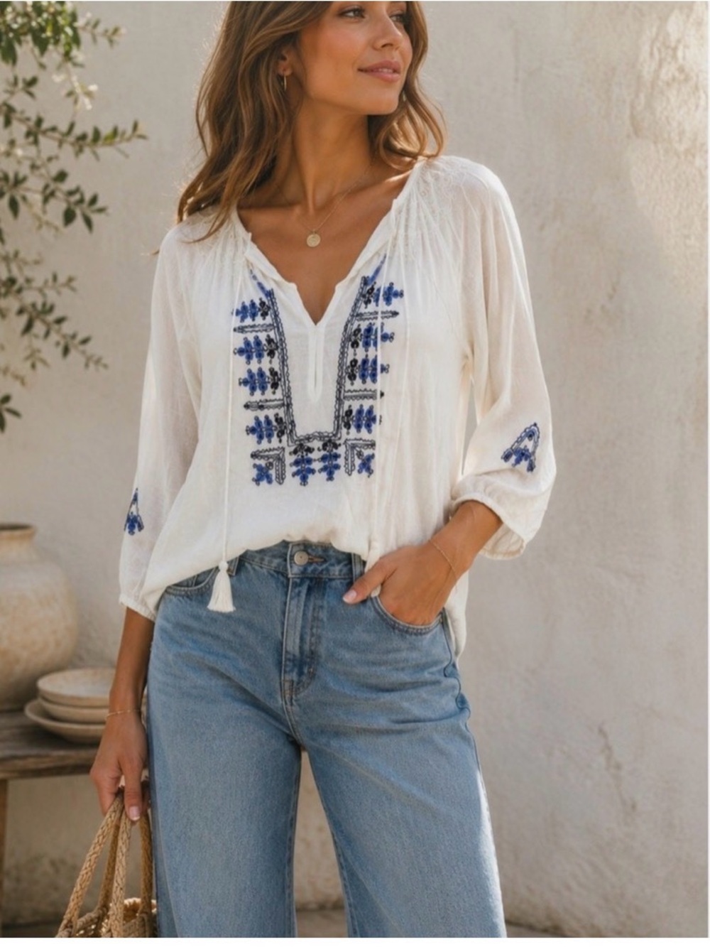 Joie White Gauze Embroidered Peasant Blouse Boho Top Size XS